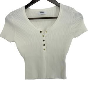 The Workshop Cropped Sweater Women L Cream Short Sleeve Gold Buttons